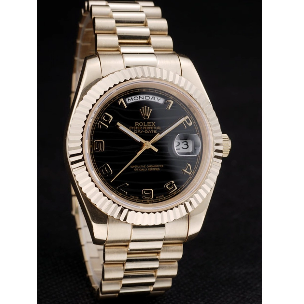 Aaa replica watch Stainless Black Steel DayDate Dial Strap Rolex 41980 Gold Patterned 0722